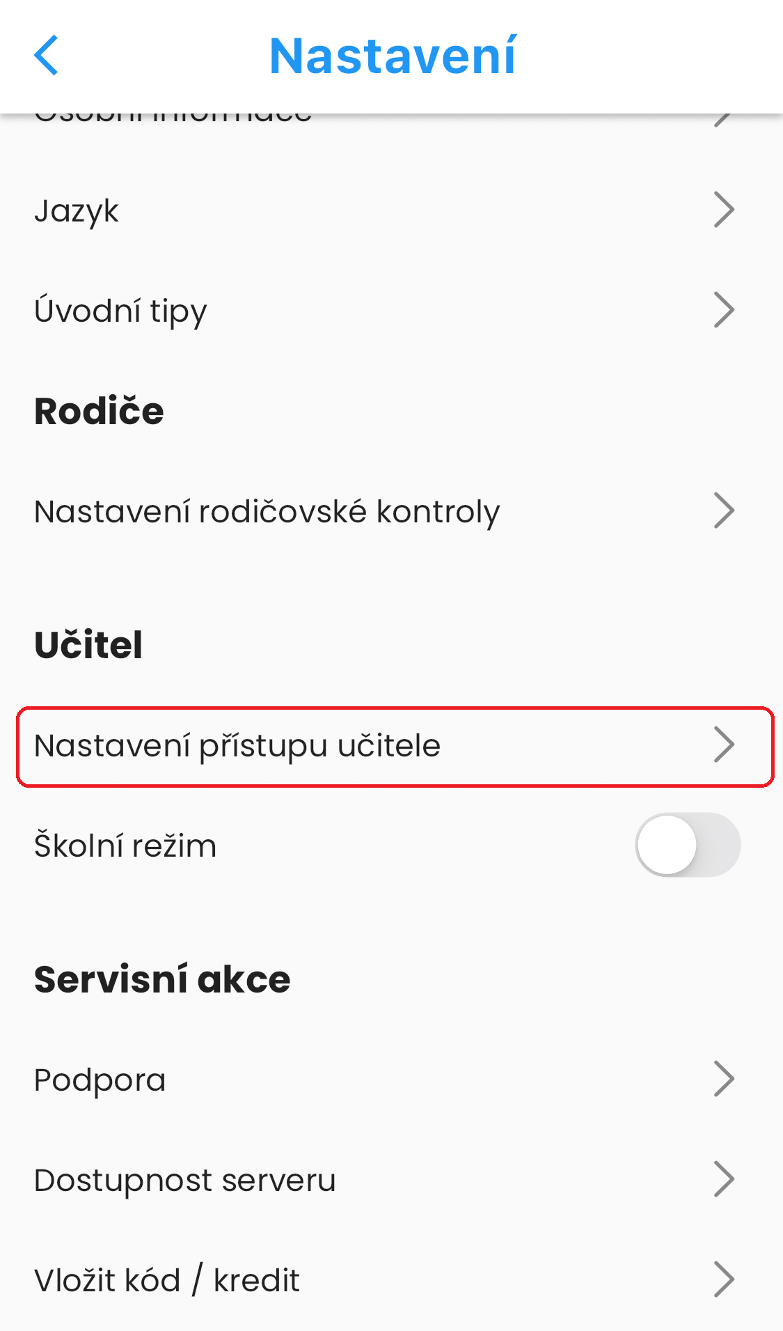 Návod pro mobilní aplikaci - sekce učitel