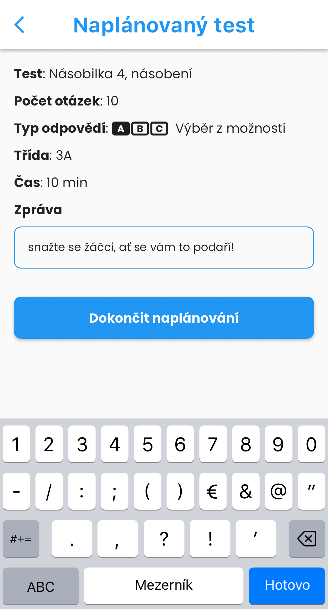 Návod: souhrnné informace + vložení vzkazu pro žáky